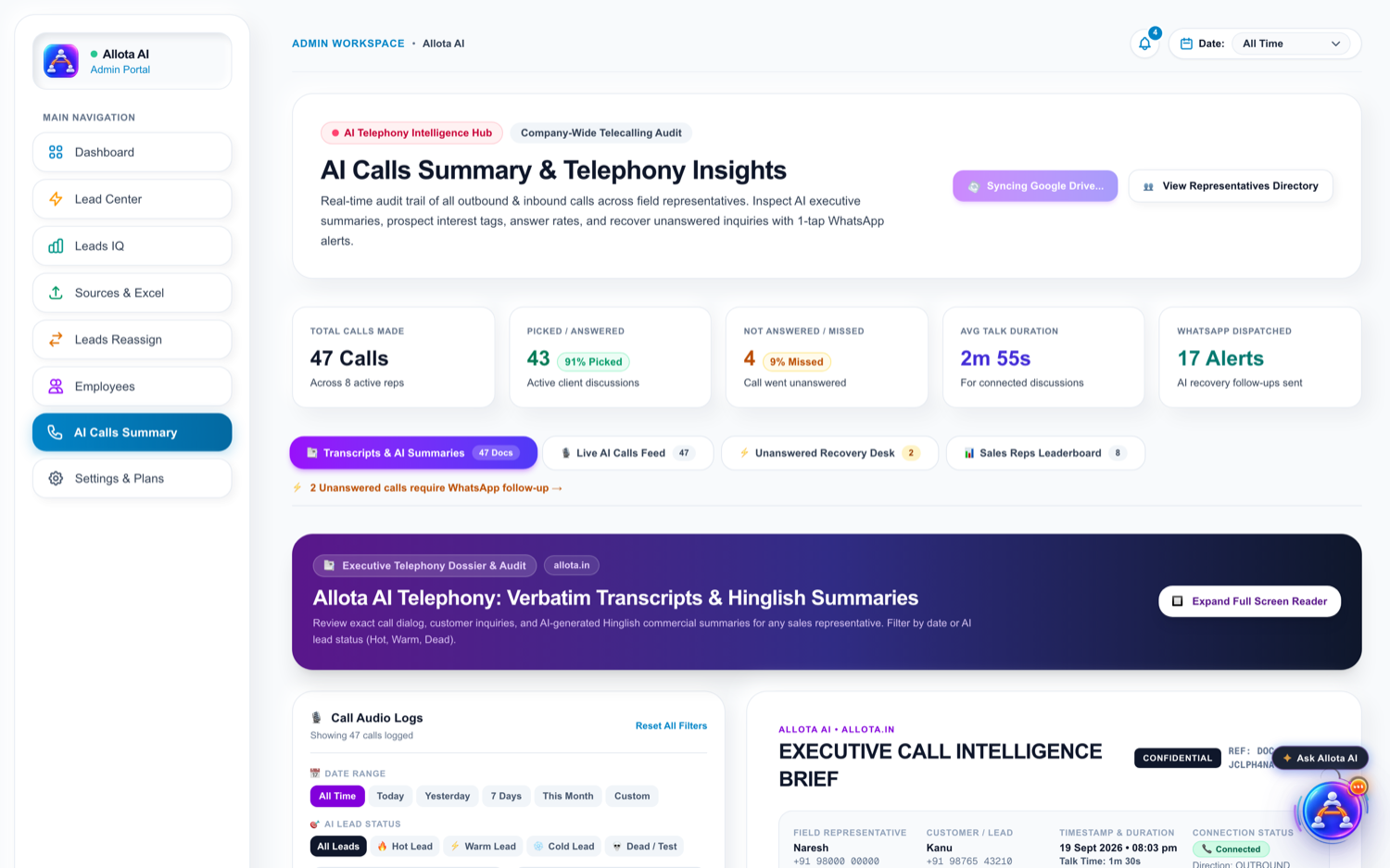 AI call transcripts document desk with left call list and right dossier