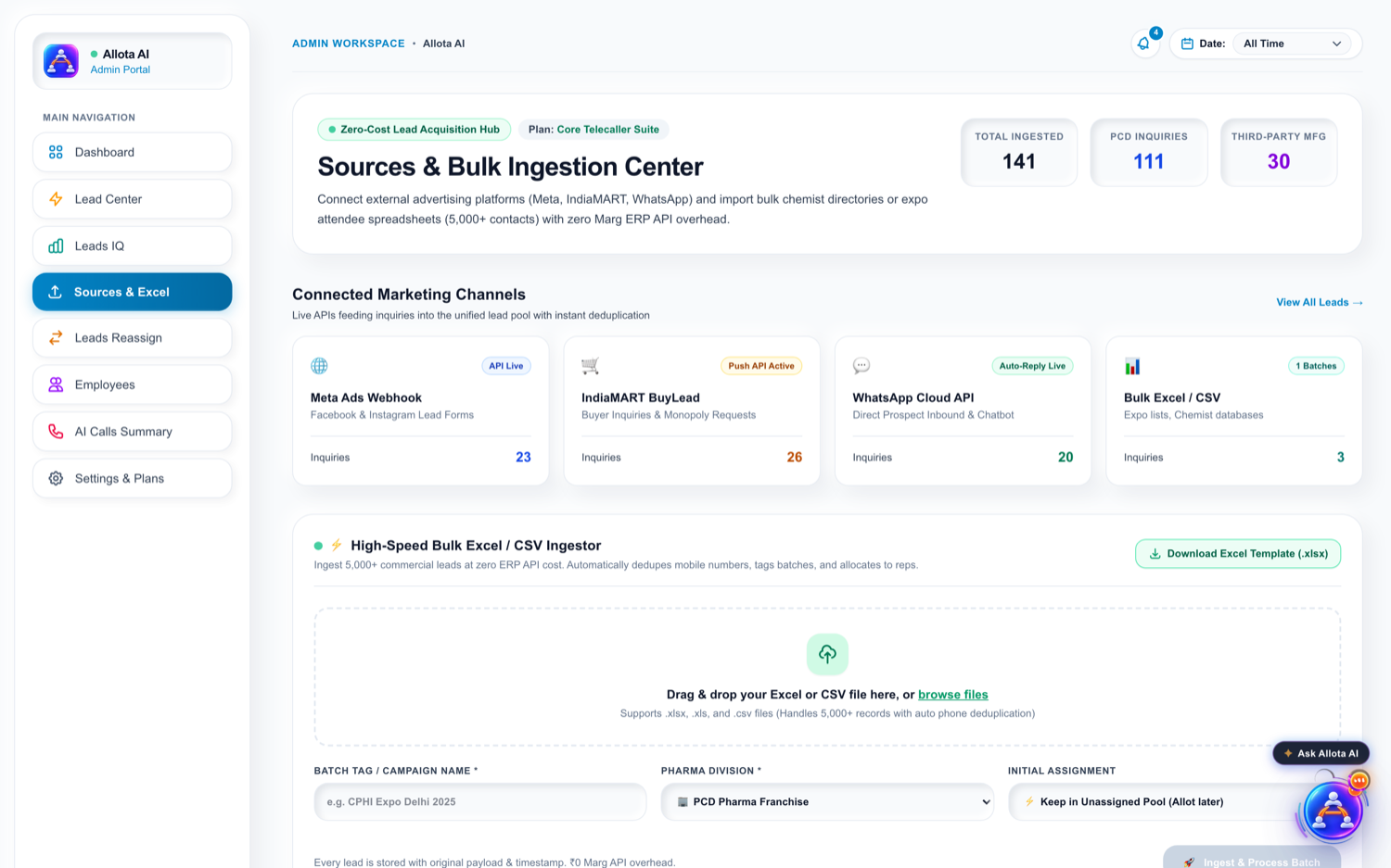 Sources & Excel — Meta Ads, IndiaMART and WhatsApp webhooks with bulk contact import